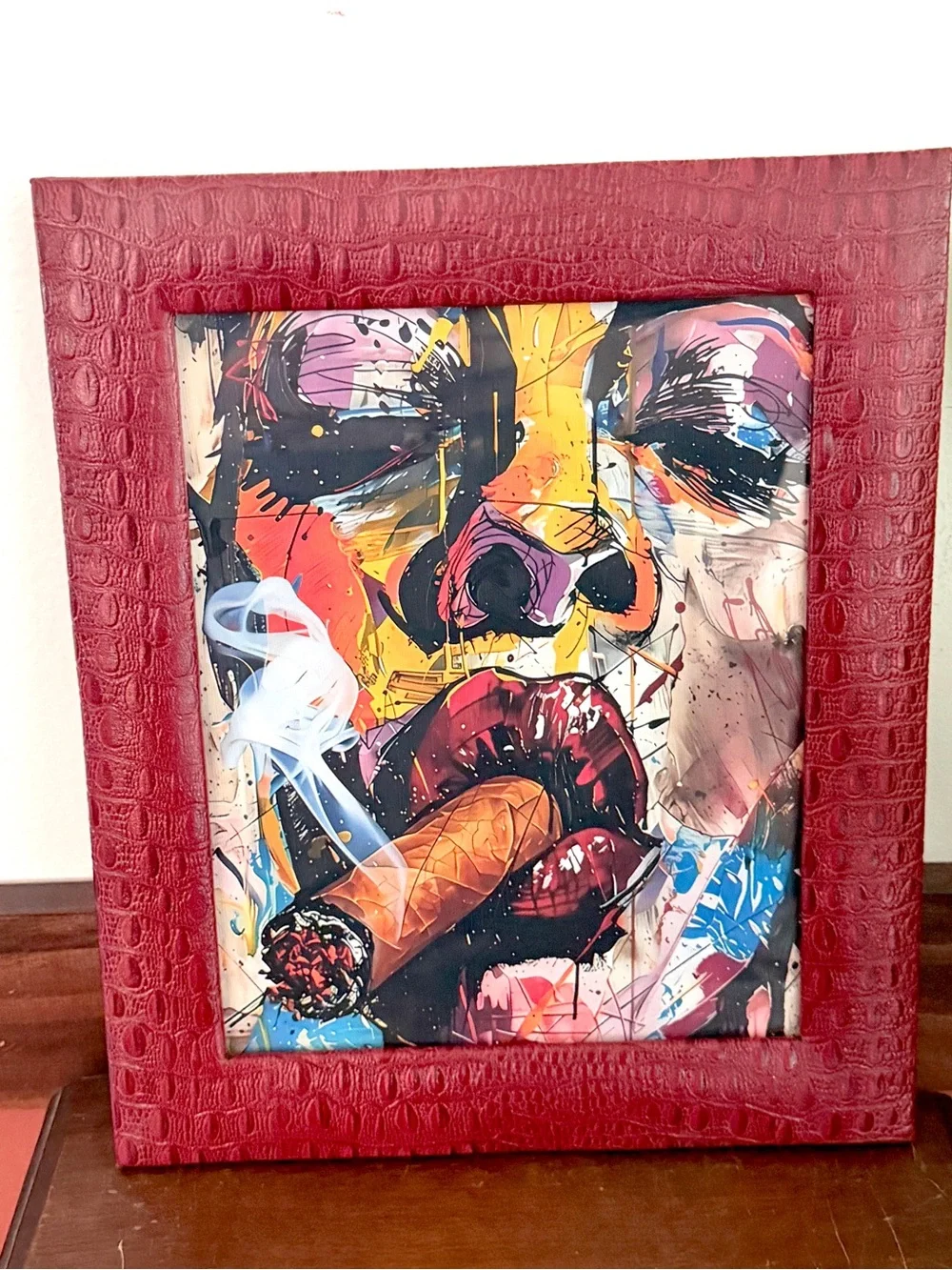 Whimsical Aura Woman Smoking Cigar Blunt Abstract Canvas Art Print Red Framed